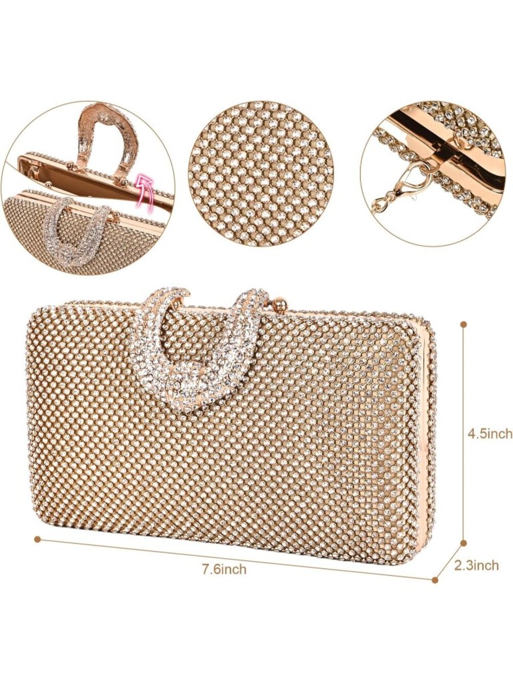 π Women's Gold Party Dressy Handbag Sparkly Rhinestone Crystal Evening Clutch - Picture 6 of 6